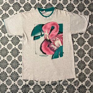 VTG 90s Pink Flamingo in Leaves Grey/Teal Graphic Art Illustrative Animal Tee M